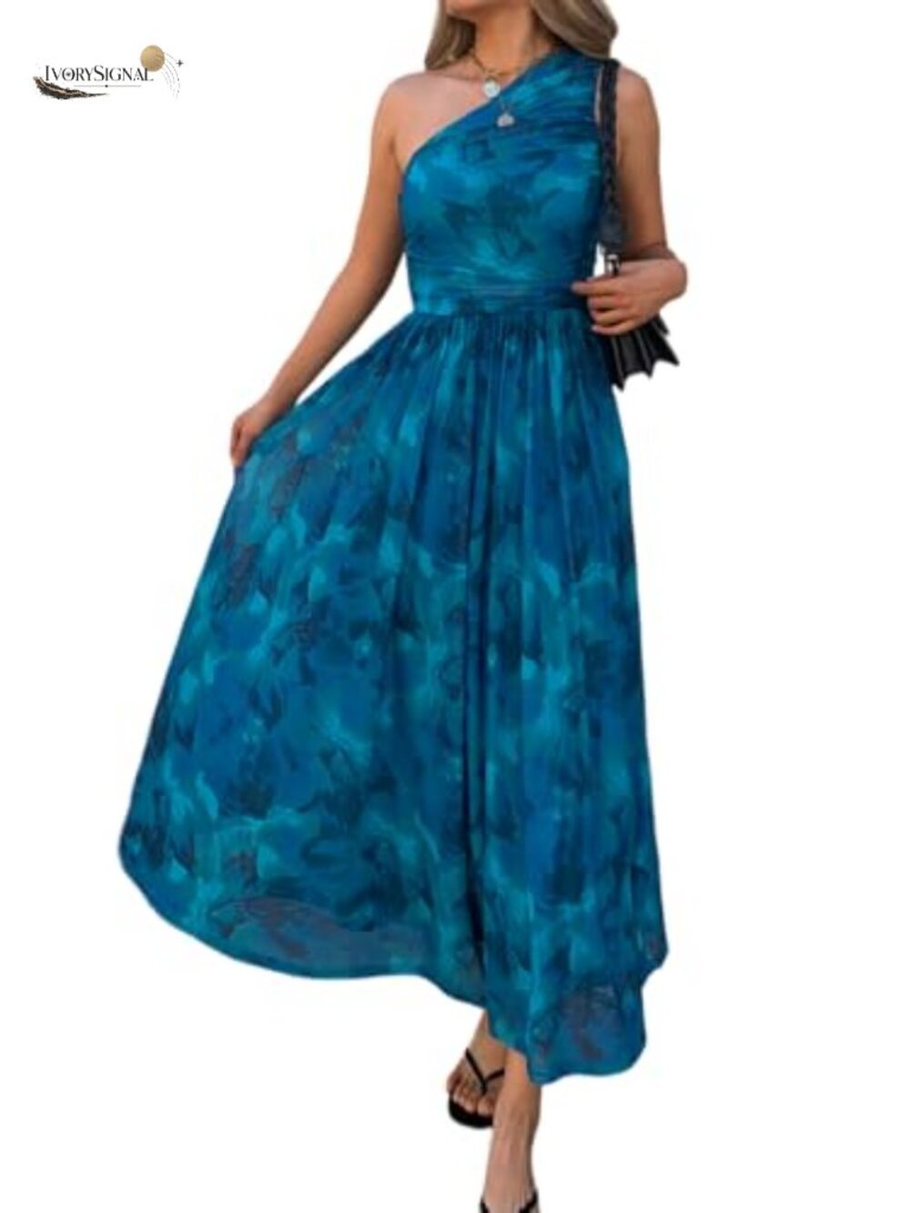 One Shoulder Floral Maxi Dress Mesh Ruched A-Line Wedding Guest